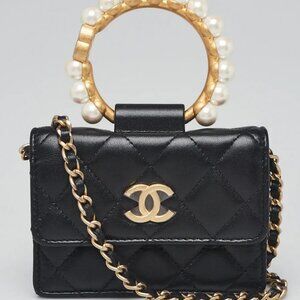 Chanel Black Quilted Lambskin Leather Pearl Crown Clutch Card Holder On